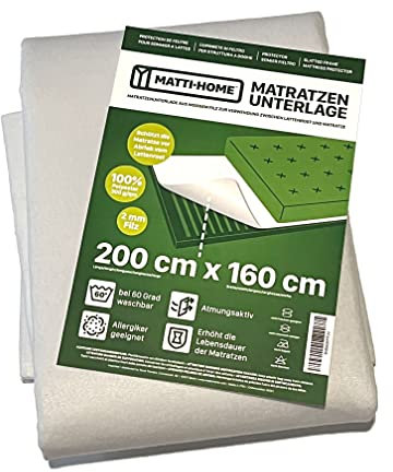 Matti-Home Matratzenunterlage aus Filz für den Lattenrost 160 x 200 cm atmungsaktiver Matratzenschoner aus Nadelfilz 100% Polyester Weiß