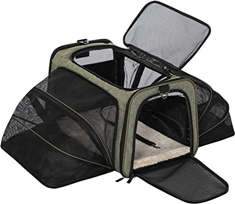Petsfit Faltbarer Transporttasche Katze und Hund,Katzentransportbox Hundetragetasche erweiterbare Flugtasche Oxford Gewebe mit Schultergurt für Katze und Hund (L/Doppelseitig, Grün)