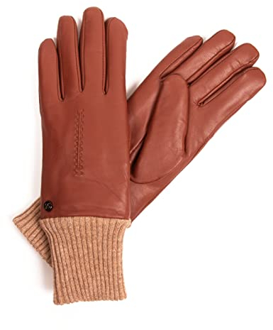 Hand Gewand by Weikert Damen Lederhandschuhe aus Lammnappa gefüttert mit Merino Lammfell, Mit Strickbund am Handgelenk – noch wärmer, Damen Lammfellhandschuhe braun