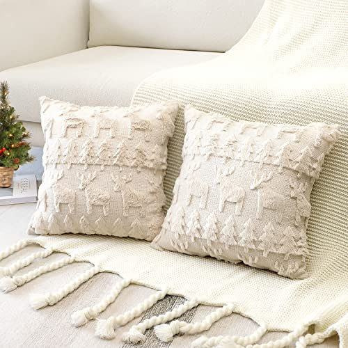 Artscope 2er Set Wolle Kissenbezüge Weicher Plüsch Kurzer Wollsamt Dekokissenbezuge Luxuriöses Sofakissen Europäische Kissenhülle für Sofa Schlafzimmer Weihnachtsbaum und Elch Creme Beige, 55x55cm