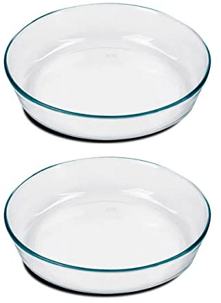 Juego de 2 Bandejas de horno redonda, Fuentes de pastel, Moldes para hornear de vidrio transparente, capacidad 2.4 L - Diámetro 26.3 x Altura 5.8 cm -JUANIO-