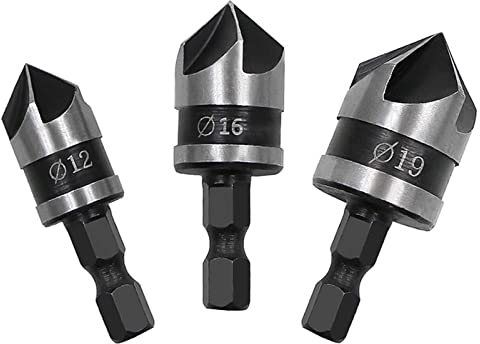 TMPTY 3 Pcs 1/4'' Hex Shank Chamfer Tool Set, reaming Drill, 5 Flute 90 Degree Chamfering Countersink Drill Bit, for Wood Plastic Openings Quick Change Bit, (12mm 16mm 19mm)