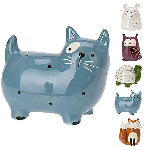 Murago - Spardose Katze - Sparschwein für Kinder Sparbüchse Jungen Mädchen Keramik Tierform Dekofigur groß Blau