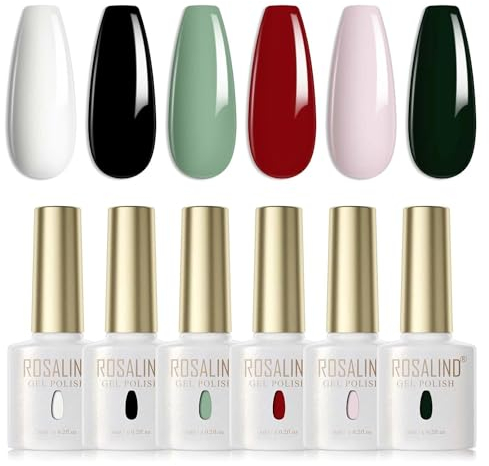 ROSALIND Lot Vernis Semi Permanent Blanc Noir Vert Clair Rouge Rose Vert Foncé 6 Couleurs Vernis à Ongles Gels Semi-permanents UV LED Soak Off Gel Polish French Semi Permanent Noel Set