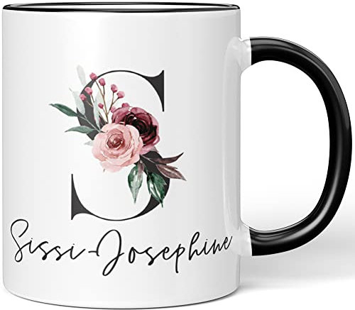 JUNIWORDS Tasse, Sissi-Josephine, Name Anfangsbuchstabe Initial Alphabet Floral Buchstabe S Monogramm Motiv, Schwarz (5603127)