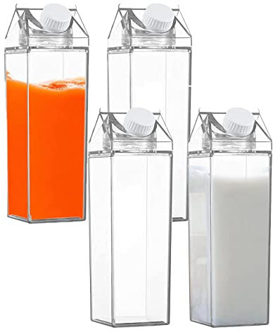 4 bouteilles d'eau en carton à lait transparent 1000 ml - Réutilisables - Bouteille jus limona- Bouteille lait en plastique - Pour réfrigérateur, camping, voyage