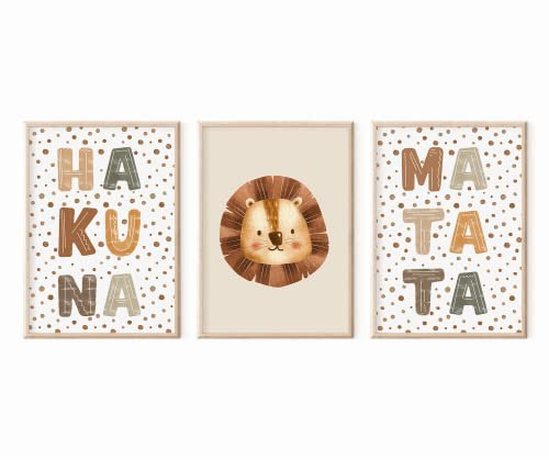 MeinBaby123® Poster Kinderzimmer | 3er Set DIN A4 | Wandbilder | Deko Bilder | Babyzimmer Deko | Geschenk Zur Geburt | Wandposter Premium (Hakuna Matata A4)