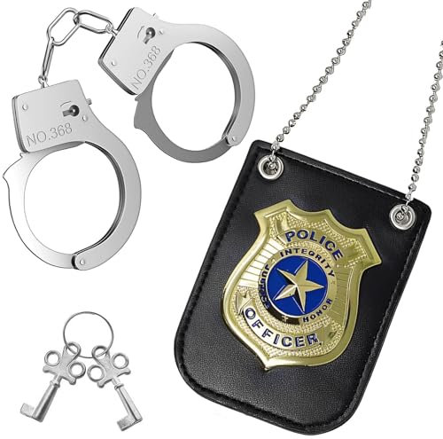 Manette Polizia e Distintivo Polizia,Manette Giocattolo Bambini con Chiavi,Manette Polizia Vero,Distintivo Polizia Giocattolo Manette Polizia Halloween Carnevale,Accessori Costume Poliziotto Bambino