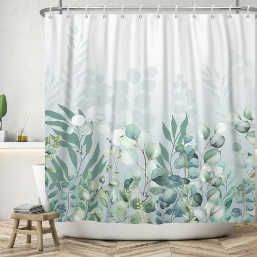 ASDCXZ Blätter Duschvorhang 180x200 cm, Frühling Einfachheit Grün Blau Eukalyptusblätter Weiß Bad Waschbar Duschvorhänge Polyester Textil Wasserdicht Badevorhang für Badewanne mit 12 Haken
