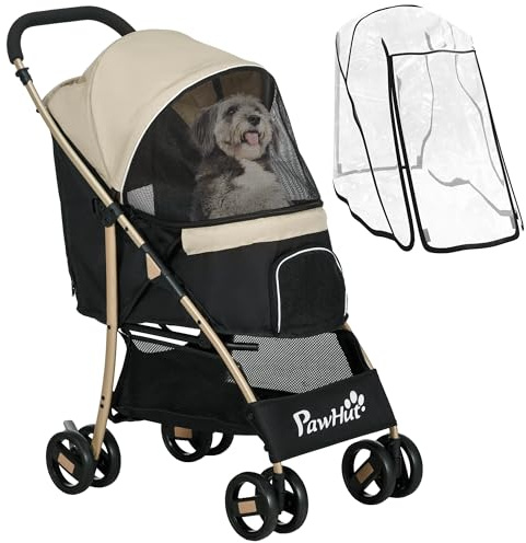 PawHut Dog Stroller with Rain Cover Foldable for Small Pets Khaki