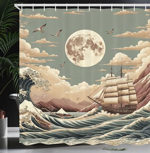 ABAKUHAUS Nautisch Duschvorhang, Pastell Ozeanszenerie mit Wellen und Schiff im japanischen Ethnostil, Stoffliches Gewebe mit Haken, 175 x 220 cm, Blasses Türkis Tan Rosenholz