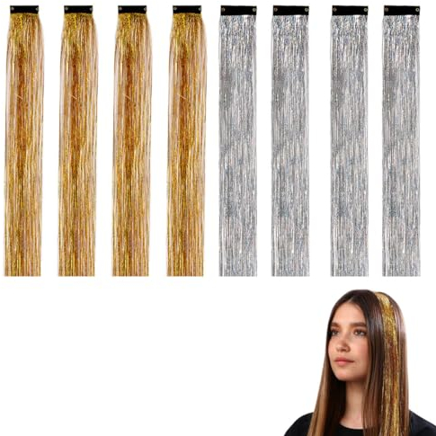 LEEQ 8pcs Glitzer Haarsträhnen Haarnadel - zum Einklipsen Lametta für Haare Tinsel Hair Clip Extensions Glitter Glitzersträhnen Haarverlängerung Haarlametta Haarextension (50cm)