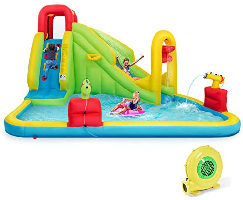 LIFEZEAL Gran Castillo Hinchable 400x335x230 cm, Parque Acuático Infantil con Tobogán, Piscina, Muro de Escalada, Cañón de Agua, Baloncesto, Pelota Hinchable, para niños de 3 a 10 años (con soplador)