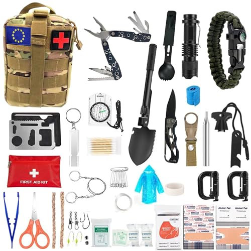 Kit de Survie Ultime Complet 153 en 1, Trousse de Secours d’Urgence pour Premiers Soins, Sac de Survie Complet Pratique, Trousse de Secours Complete Leger, Survie Materiel Militaire pour Camping