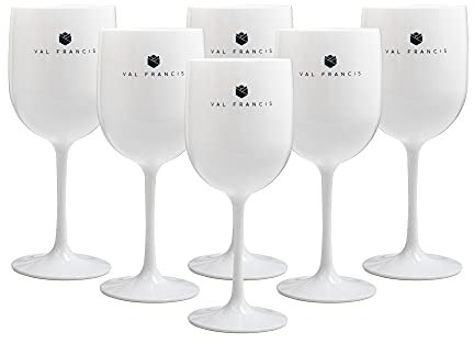 Val Francis Premium Plastic Wine & Cocktail Glasses - Set of 6 - Reusable, Unbreakable, Dishwasher Safe (White Glass | Blue Logo)
