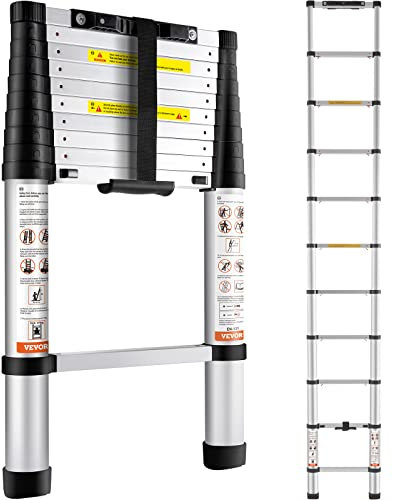 VEVOR Telescoping Ladder, 10.5 FT Aluminum One-button Retraction Collapsible Extension Ladder, 375 LBS Capacity with Non-slip Feet, Portable Multi-purpose Compact Ladder for Home, RV, Loft, ANSI Liste