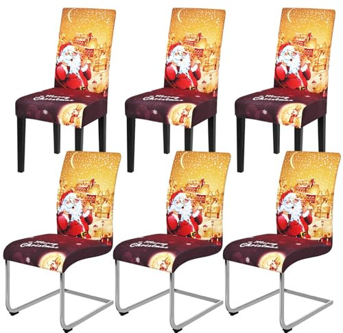 Yugarlibi Weihnachten Stretch Stuhlhussen 6er Set Stuhlbezug Schwingstuhl Universal Elastische Esszimmerstühle Bezug Xmas Waschbare Stühle Schutz für Esszimmer Hotel Party (6 Stück, Rot Gold)