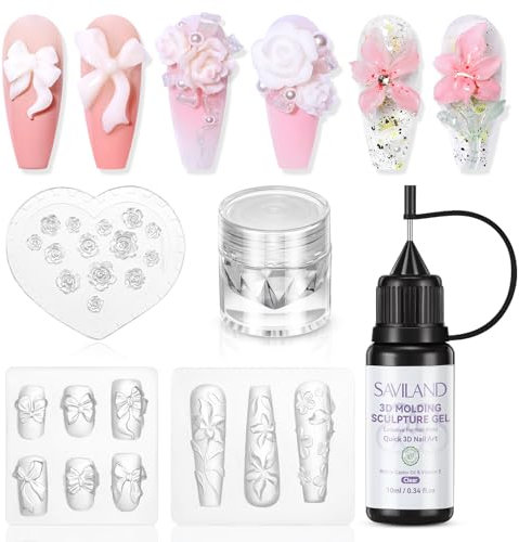 SAVILAND 3D Gel Nail Art Mold Kit: 3 PCS Moule en Silicone Rose/Faux Ongle, 10 ml Gel 3D pour Ongle, Perles Poudre Chrome, Colle de Moulage Kit pour Débutant DIY Fleurs Sculpture