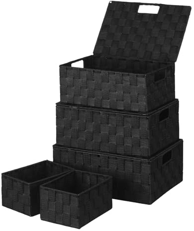 ArcaGuru Woven Storage Basket Bin Container With Lid, Storage Baskets Organizing Bins Small Woven Basket Cube Organizer Divider for Closet, Shelf, Dresser, Drawer, Kitchen, Pantry, Set of 5, Black