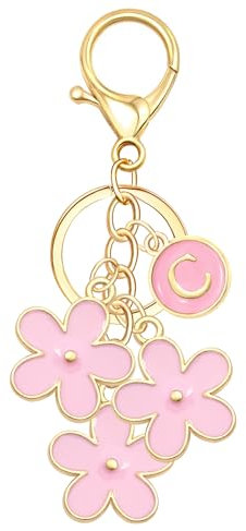 Ronglry Joli porte-clés en forme de fleur rose avec initiale pour femme, breloque de sac à dos, Rose C, régulier