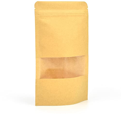 Evergreen Goods Kraft Paper ZipLock Stand-Up Pouches 120x200mm | 100pcs | Brown Kraft Paper, Heat Resealable, Sealable Reusable Self-Standing Bags | Window for Tea, Coffee Beans, Seeds, Dried Fruits