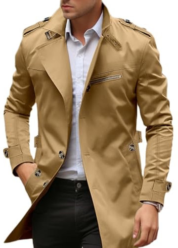 Oanviso Manteau Homme Trench-Coat Décontracté Pardessus Coupe Vent Parka Veste Long Trench-Coat Slim Fit Manteaux Blouson Homme Windbreaker Coupe Ajustée A Kaki Foncé S