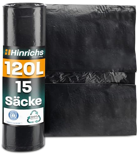 Hinrichs Müllsäcke 120L extra Stark - 15er Rolle - 70x110 cm - reißfeste Müllbeutel - Mülltüten aus Recycling LDPE - Abfallsäcke für Garten, Haushalt & Baustelle - 15 Stück Müllbeutel 120 L schwarz