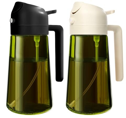 YARRAMATE Spruzzino Olio in Vetro Luce Blocco Scuro Verde per Friggitrice Aria 2 in 1 da 2, 470 ml Dosatore d'Oliva Bottiglia e Oliera Spray da Cucina, Nebulizzatore (Bianco e Nero)