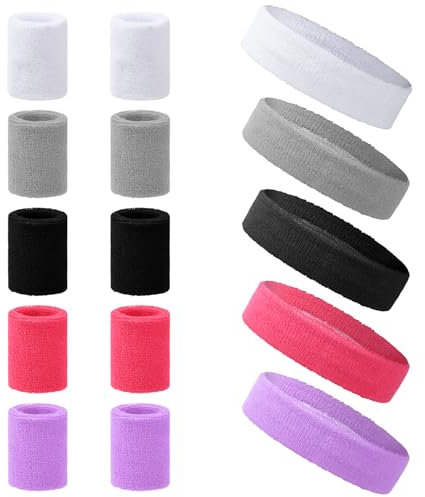Amexo 15 Pièces Bandeau et Bandeau Poignet, Bandeau Sport Serre Poignet Fluo Bandeau Année 80 Rétro Elastique Bandeau Cheveux Sueur Absorbant pour Fitness Course Accessoires de Football(5 Couleurs)