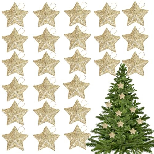 24 Stück Sterne Weihnachtsbaum Deko, weihnachtsdeko Gold Sterne, weihnachtsbaumschmuck, Geeignet zum weihnachtlichen Aufhängen an Weihnachtsbäumen, Kaminen, Fenstern, Tischdekorationen, Hochzeit