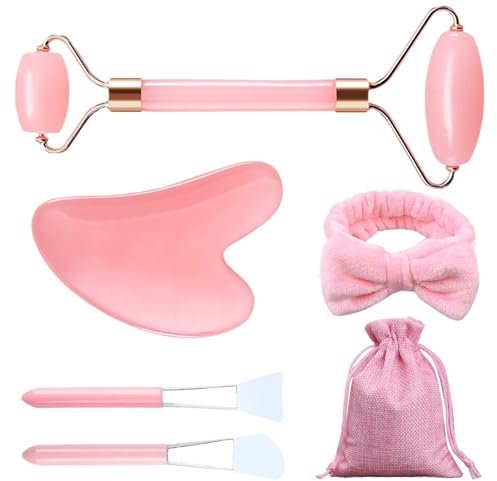 Nujvnuj 6 Stück Jade Gua Sha Stein Set Gesichtsroller Beauty Massager für Hautstraffung Jade Roller Massage Set für Anti-Aging-Falten, Reduces Eye Puffiness(Rosenquarz)
