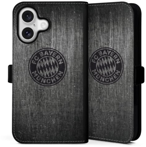 Klapphülle kompatibel mit Apple iPhone 16 Handyhülle aus Kunst Leder schwarz Flip Case Metallic Look FCB FC Bayern München