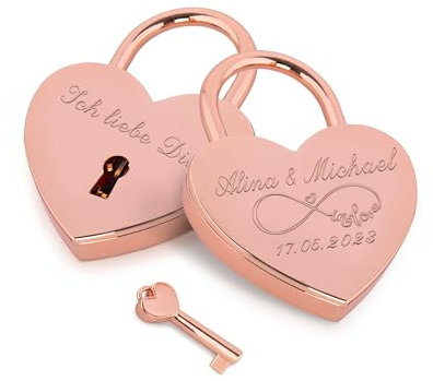 Gravur-Max Liebesschloss mit Gravur in Rosé – personalisiertes Schloss mit Namen & Datum | hochwertiges Herzschloss aus Metall | Partner Geschenk für Hochzeit, Jahrestag & Valentinstag