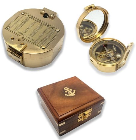 Messing-Brunton-Kompass, Nautischer Kompass mit Holzbox, Vintage-Navigationsinstrument
