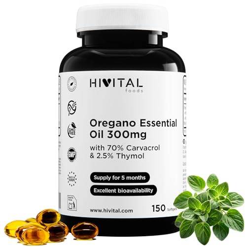 Huile d'Origan 300 mg. 150 capsules pour 5 mois. | Avec de l'huile d'olive extra vierge, 70% de carvacrol et 2,5% de thymol. 100% naturel, sans gluten, sans OGM. Hivital