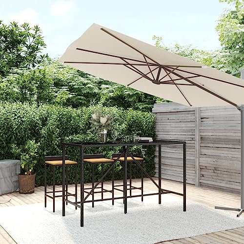 UJCHVHN Artikel-Bar-Tisch mit Glasplatte, schwarz, 180 x 70 x 110 cm, Poly-Rattan, Outdoor-Tische