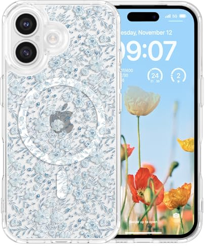 RALEAVO for iPhone 16 Case for Magsafe Magnetic Floral Cute Cover-Blue | For iPhone 16 Compatible with Magsafe Magnetic Case, Girls Women Cute Aesthetic Case, Shockproof Slim Hard PC Cover