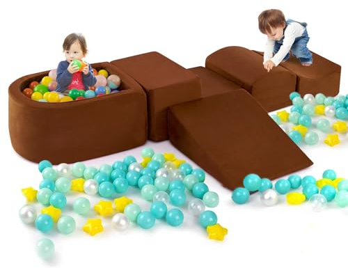 COSTWAY Juego de Escalada y Rampa de 5 Piezas, Bloque de Escalada con Piscina de Pelota Infantil, Funda Lavable a Máquina con Cremallera, Bloques de Construcción Creativos, Sin Pelotas de Mar (café)