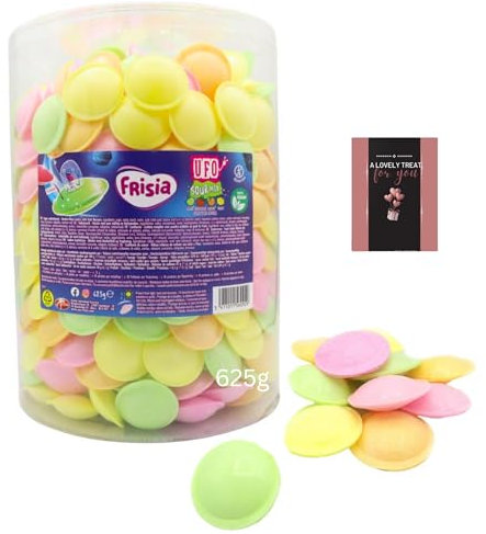 Frisia Flying Saucer Sweets Bulk (500pcs) Sour Citric Wafers Fruit Flavours Fizzy Sweet Tub 625g & Card - Gluten Free Sweets for Kids Birthday, Halloween Trick or Treat Party Bag Fillers