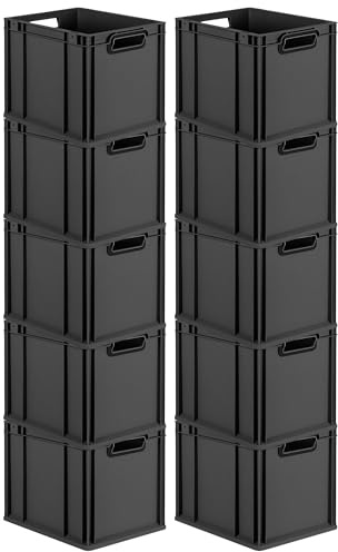 PROREGAL SparSet 10x Eurobox NextGen Color | HxBxT 32x30x40cm | 30 Liter | Griffe schwarz offen | Glatter Boden | Schwarz | Eurobehälter, Transportbox, Transportbehälter, Stapelbehälter