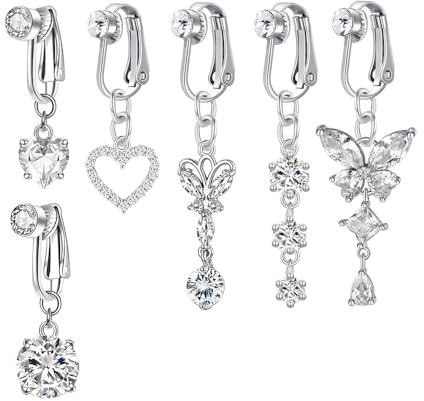 XFSRG 6 Stück Fake Bauchnabelpiercing Clip-On Bauchnabelringe Kupfer Hypoallergene Fake Bauchnabel Piercing Hängend Herz Schmetterling für Frauen