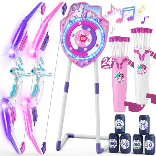 HYES 2 Pack Pfeil und Bogen für Kinder, LED Licht Bogenschießen Set | mit Saugtasche Pfeile, Stehendes Glow Ziel, Score Ziele, Quivers, Indoor Outdoor Spielzeug Geschenke für Jungen Mädchen