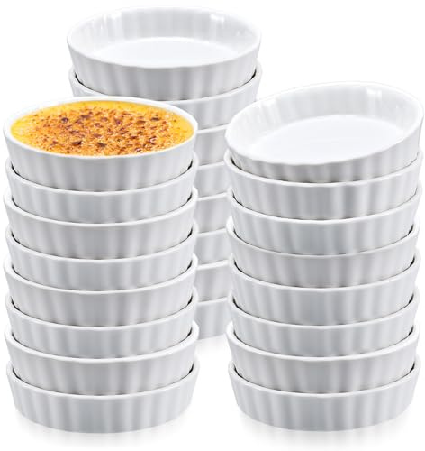 Layhit 24 Pcs Creme Brulee Ramekins Bulk 7 oz Oven Safe Ceramic Fluted Shallow Ramekins Quiche Dishes White Porcelain Round Tart Pan Soufflé Dishes for Baking Dessert, 5.04 x 1.18 Inches