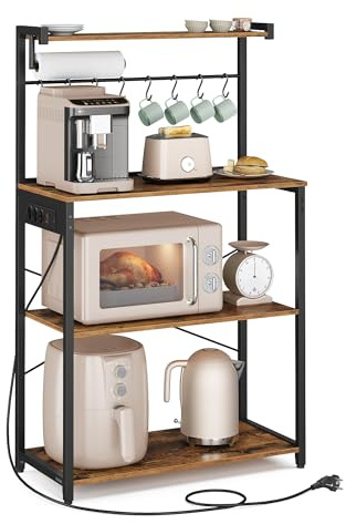 VASAGLE Estantería de Cocina con Enchufe Múltiple, Barra de Café de 4 Niveles con Estante Ajustable, 8 Ganchos S, Soporte de Microondas, 40 x 80 x 140 cm, Marrón Rústico y Negro Tinta KKS029KD02