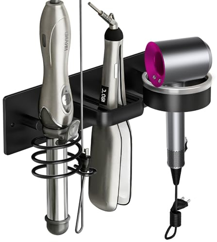 Vyranut Supporto per Asciugacapelli da Parete con Doppia Installazione – Porta Phon in Alluminio Spaziale Senza Trapano o con Viti, con Fessura per Cavi, Design Nero, 30 × 8 cm