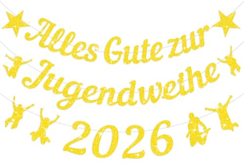 Jugendweihe Deko 2026 Alles Gute zur Jugendweihe Girlande Glitzer Gold Deko | Glitzer Goldene Papier Girlande mit Alles Gute zur Jugendweihe Motiv, Hängende Party Dekoration Geschenkidee 2026 Feier