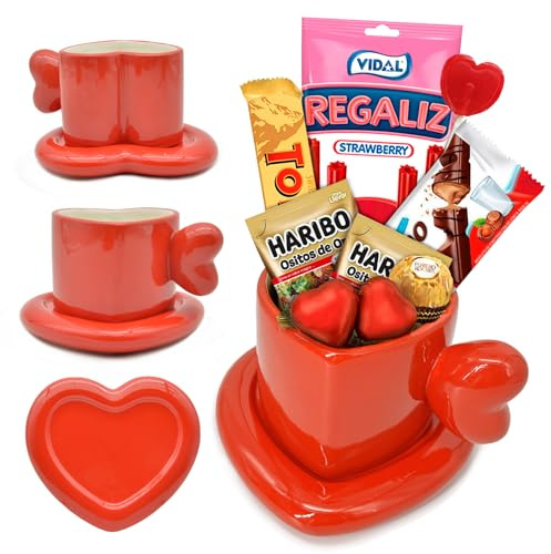 Herz-Tasse XXL 400 ml mit Untertasse · Süßes Geschenk zum Valentinstag mit Kinder Bueno, Ferrero Rocher, Lakritz, Herz-Lutscher und gefüllten Schokoladenherzen · Fertig zum Verschenken