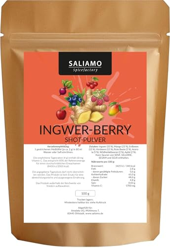 SALIAMO | Ingwer Shot Pulver 100g – Natürlicher Ginger Shot Mix ohne Zuckerzusatz – Vegan & Intensiv Scharf – Zum Anmischen – (Ingwer Berry)