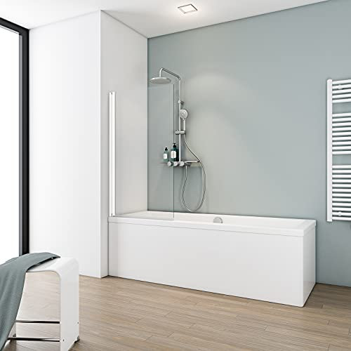 Schulte Duschwand Komfort zum Kleben, kein Bohren in Fliese notwendig, 70 x 130 cm, 5 mm Sicherheitsglas klar hell, alpinweiß, Duschabtrennung für Badewanne