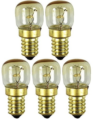 com-four® Lámpara para horno 5x hasta 300° C, bombilla de luz blanca cálida para estufa 15W, E14, 230V (05 piezas - color oro 15W)